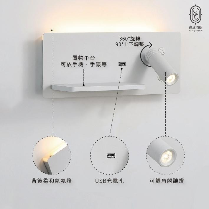 尚丞照明 LED 床頭燈 閱讀燈 氣氛燈 房間 背包客 民宿 自然光 全電壓 USB充電孔 可充電 置物 可調角 壁燈-細節圖2
