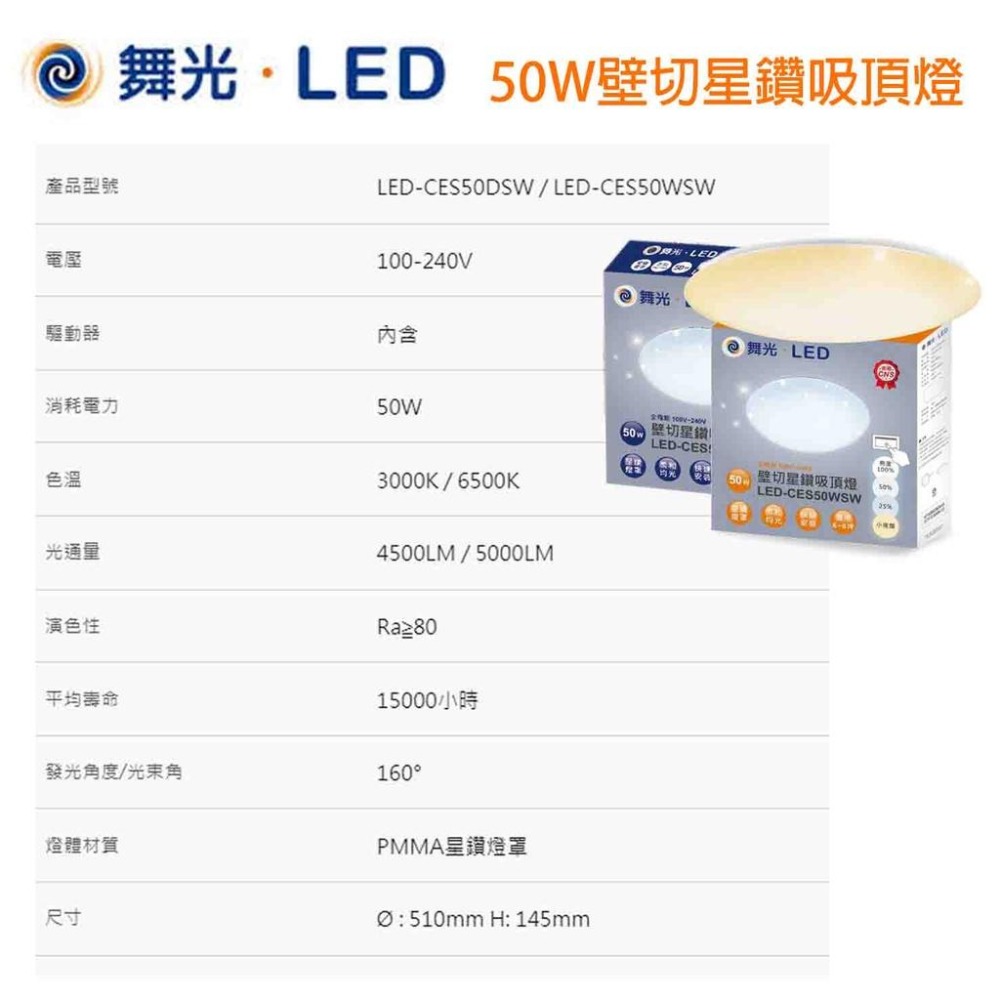 尚丞照明 50W壁切 舞光 星鑽吸頂燈 LED 智慧調光吸頂燈 調光 單色星鑽吸頂燈 白光6500K/黃光3000K-細節圖3