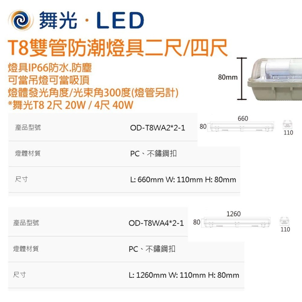尚丞照明 T8 防潮燈具 2尺 4尺 雙管 IP66 黃光 自然光 白光 可吊燈 可吸頂 舞光 燈座-細節圖2