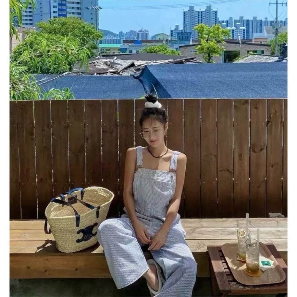 M SELECT 韓版 東大門 2024夏天新款美式減齡寬鬆直條口袋落地吊帶長褲 休閒長褲 條紋吊帶褲 藍/紅/黑-細節圖3