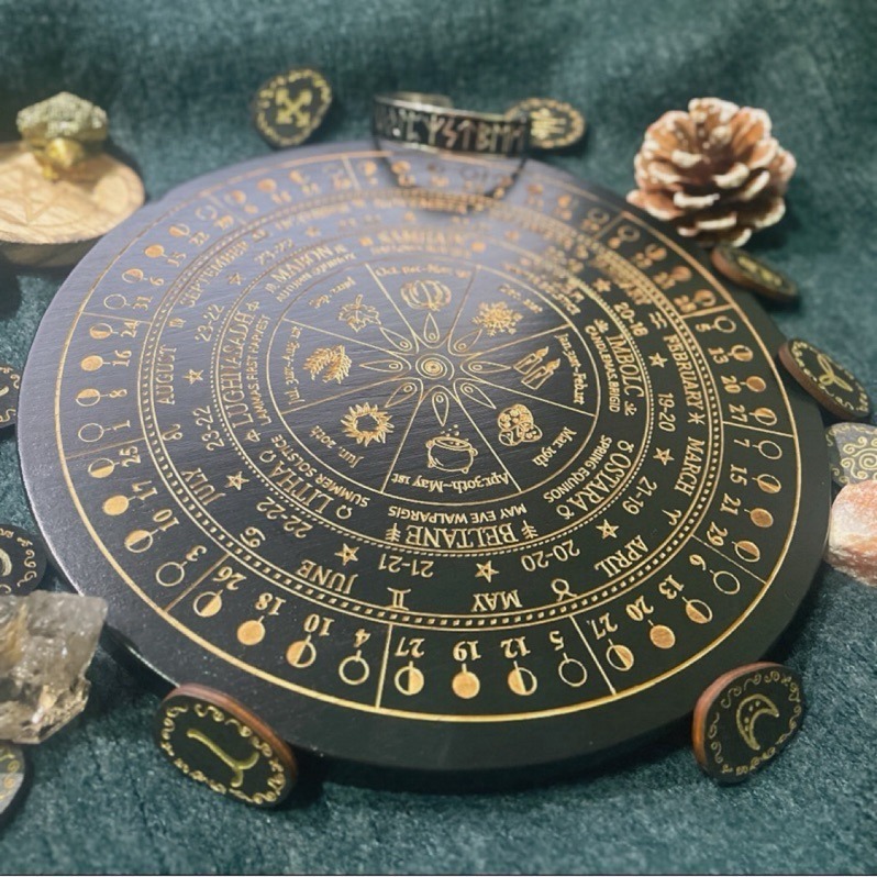 木製月相星盤靈擺盤 威卡慶典 月亮週期 元素力量 Wicca 魔法 女巫 儀式 水晶 擺件 裝飾 神祕學 禮物-細節圖2