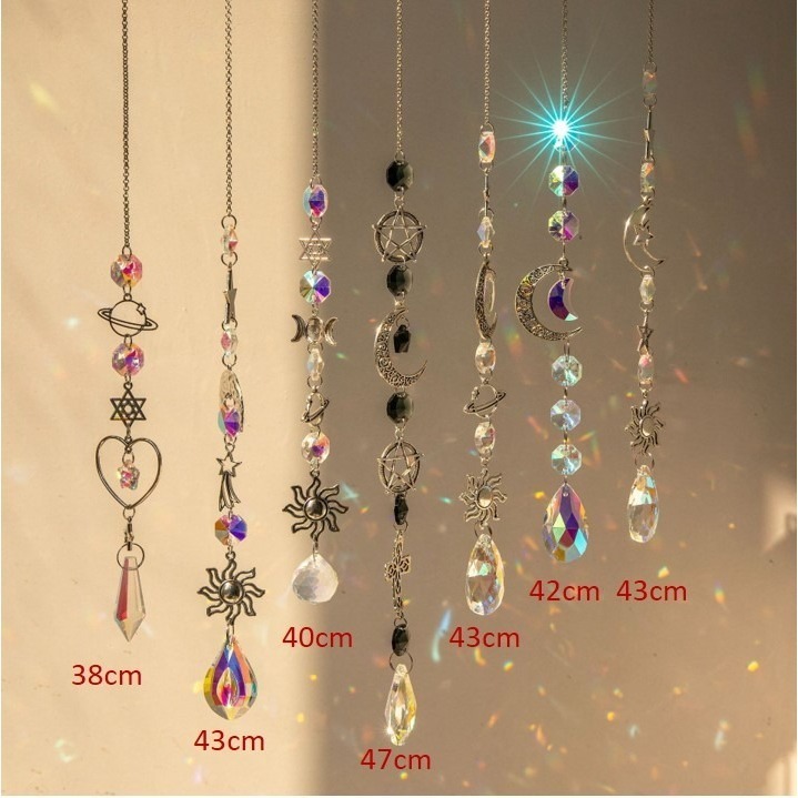 Suncatcher 銀色日月星辰水晶稜鏡太陽捕手 風鈴 六芒星 宇宙 神聖符號 空氣鳳梨 陽光 捕夢網 窗戶 房間裝飾-細節圖3