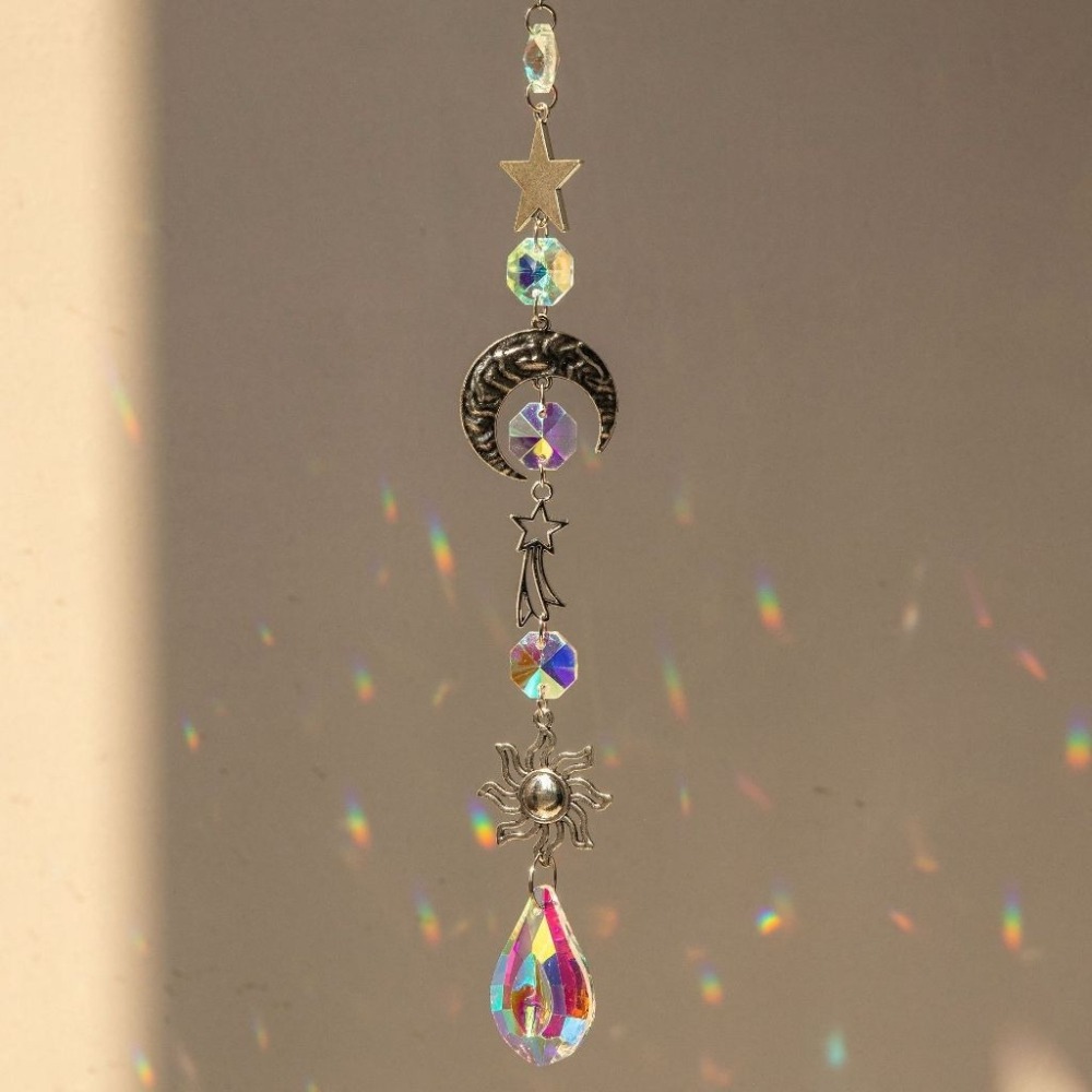 Suncatcher 銀色日月星辰水晶稜鏡太陽捕手 風鈴 六芒星 宇宙 神聖符號 空氣鳳梨 陽光 捕夢網 窗戶 房間裝飾-細節圖10
