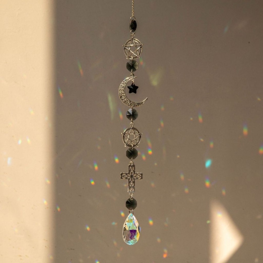 Suncatcher 銀色日月星辰水晶稜鏡太陽捕手 風鈴 六芒星 宇宙 神聖符號 空氣鳳梨 陽光 捕夢網 窗戶 房間裝飾-規格圖10