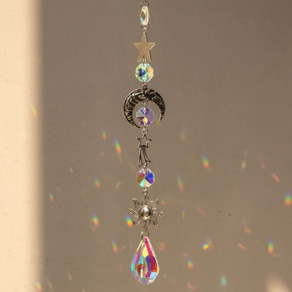Suncatcher 銀色日月星辰水晶稜鏡太陽捕手 風鈴 六芒星 宇宙 神聖符號 空氣鳳梨 陽光 捕夢網 窗戶 房間裝飾-規格圖10