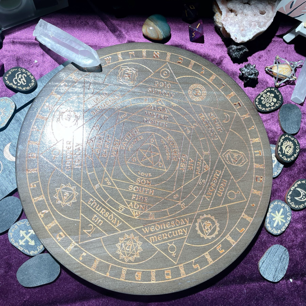 木製神聖幾何脈輪方位靈擺盤 水晶陣 訊息板 占卜 元素力量 Wicca 魔法 女巫 儀式 水晶 擺件 裝飾 神祕學 禮物-細節圖2