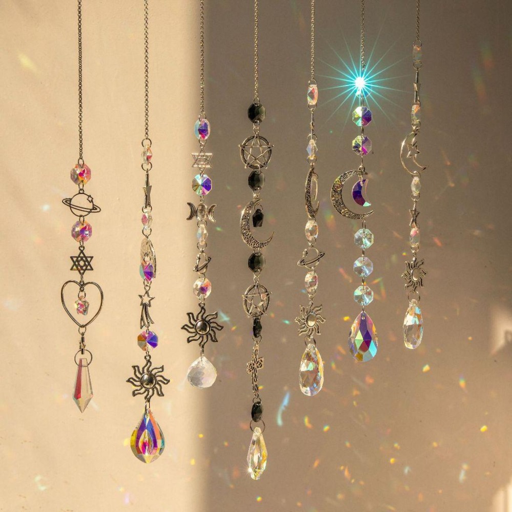 Suncatcher 銀色日月星辰水晶稜鏡太陽捕手 風鈴 六芒星 宇宙 神聖符號 空氣鳳梨 陽光 捕夢網 窗戶 吊墜-細節圖2