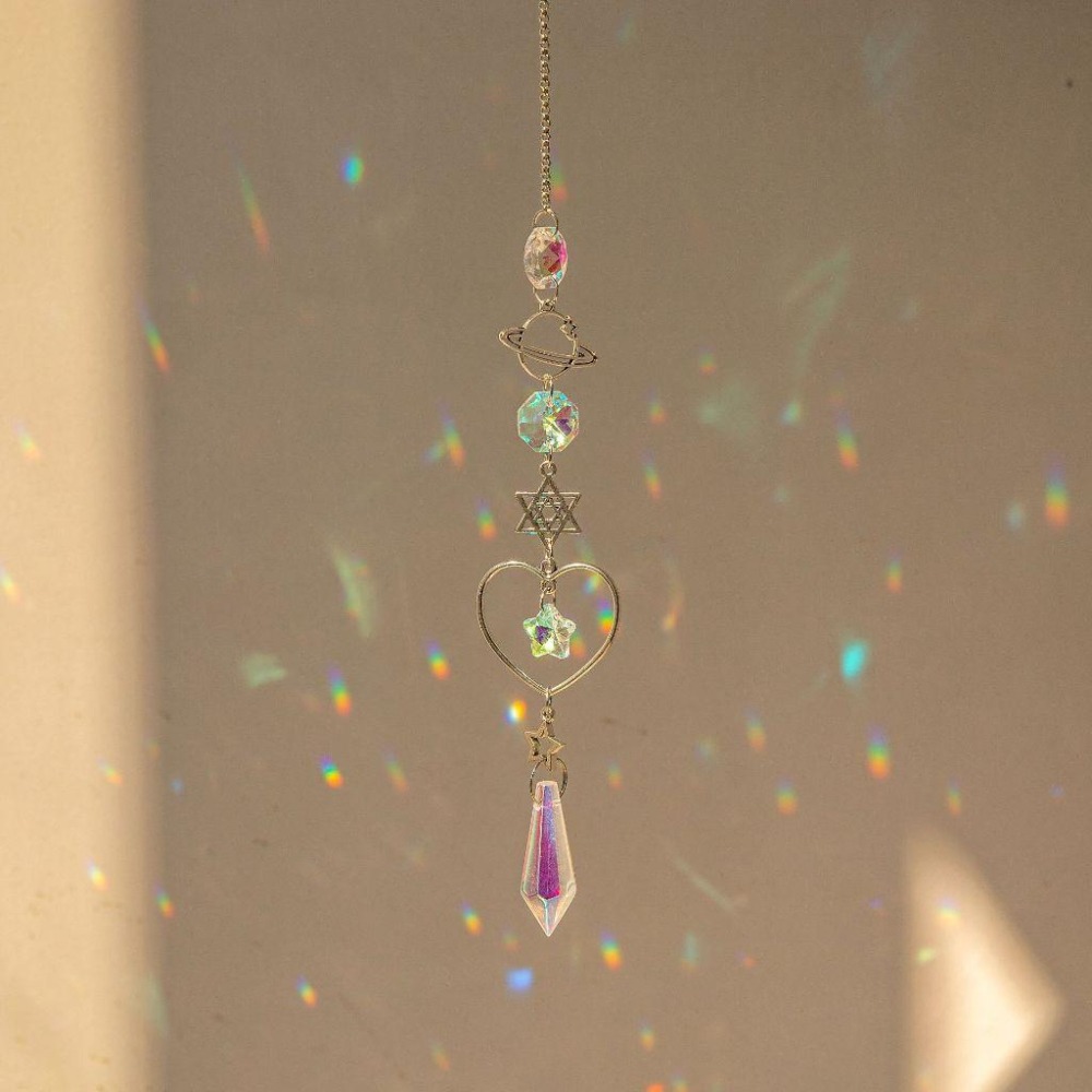 Suncatcher 銀色日月星辰水晶稜鏡太陽捕手 風鈴 六芒星 宇宙 神聖符號 空氣鳳梨 陽光 捕夢網 窗戶 吊墜-細節圖3