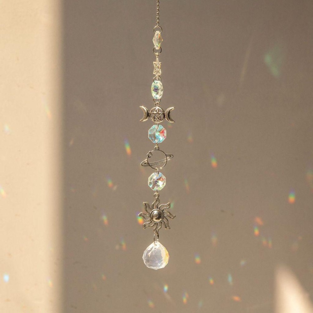 Suncatcher 銀色日月星辰水晶稜鏡太陽捕手 風鈴 六芒星 宇宙 神聖符號 空氣鳳梨 陽光 捕夢網 窗戶 吊墜-細節圖7