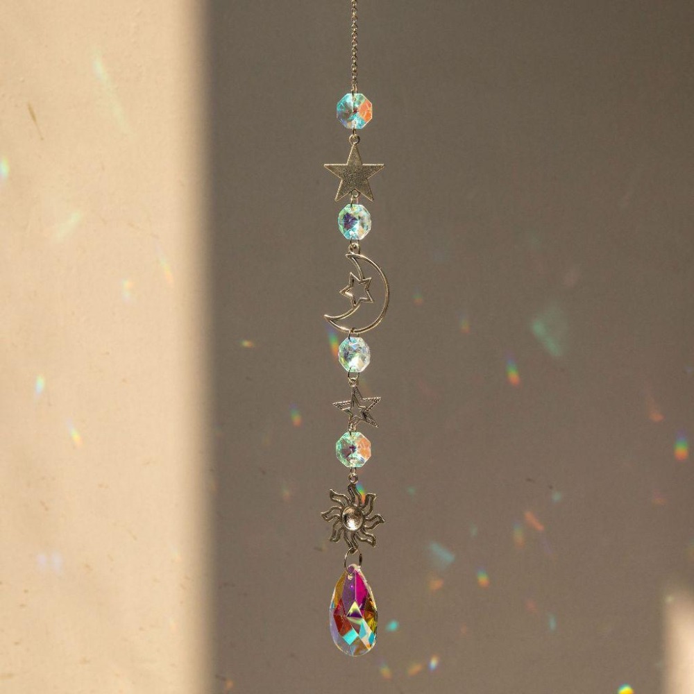 Suncatcher 銀色日月星辰水晶稜鏡太陽捕手 風鈴 六芒星 宇宙 神聖符號 空氣鳳梨 陽光 捕夢網 窗戶 吊墜-細節圖8