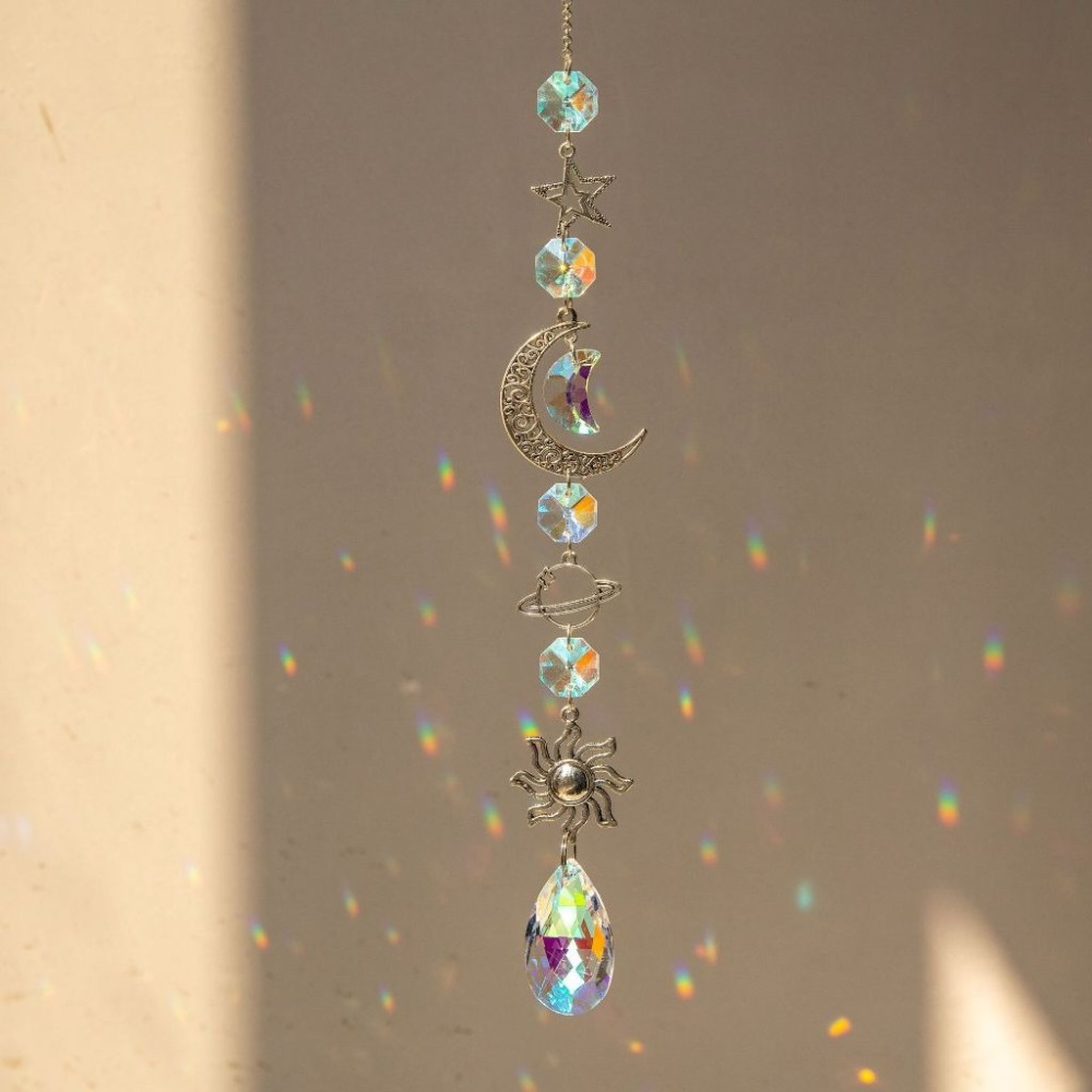 Suncatcher 銀色日月星辰水晶稜鏡太陽捕手 風鈴 六芒星 宇宙 神聖符號 空氣鳳梨 陽光 捕夢網 窗戶 吊墜-規格圖9