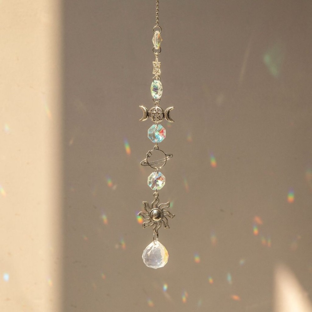Suncatcher 銀色日月星辰水晶稜鏡太陽捕手 風鈴 六芒星 宇宙 神聖符號 空氣鳳梨 陽光 捕夢網 窗戶 吊墜-規格圖9