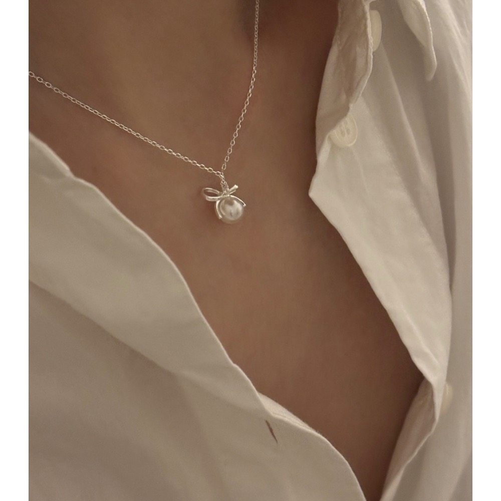 ღ 𝓶𝓮𝓵𝓸𝓼𝓮𝓵𝓮𝓬𝓽韓國預購 925silver純銀 真珠感蝴蝶結氣質項鍊-細節圖2