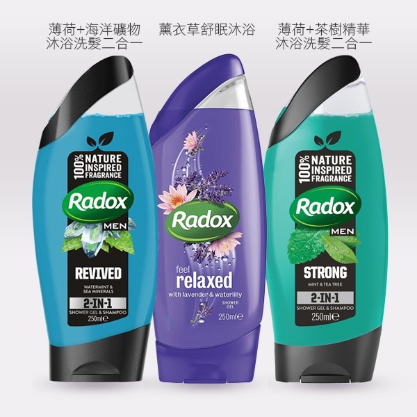 英國 Radox 活氧洗髮沐浴乳 250ml 款式可選 洗髮 沐浴 二合一 薰衣草 薄荷 茶樹-PQ美妝-細節圖2