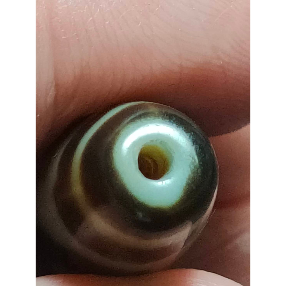 ㊙㊖⋩老山腳⋨㊖㊙藏區回流真品/藏藥香虎牙三眼天珠/ Dzi044 手工老珠表皮油亮微透光風化漂亮，歡迎有綠人請供!!-細節圖8