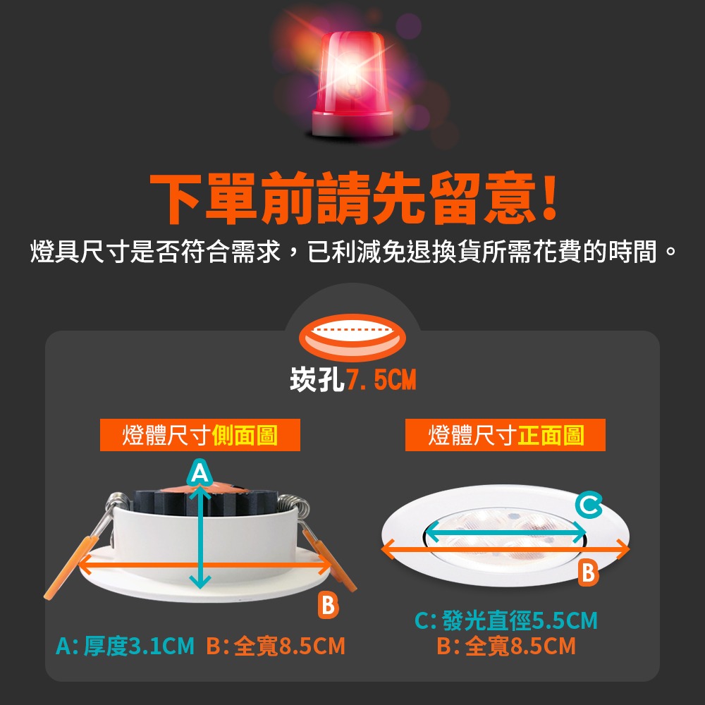 舞光 7.5CM/9.5CM崁孔 5W/8W/15W 微笑 LED崁燈 時尚白/貴族黑 2年保固(白光/自然光/黃光)-細節圖2