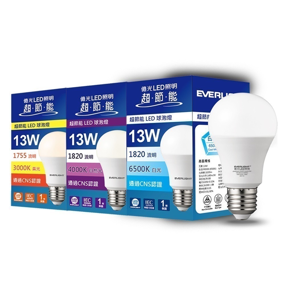 20入組 億光EVERLIGHT 10W/13W/16W 超高效環保LED燈泡 黃光/自然光/白光-規格圖2