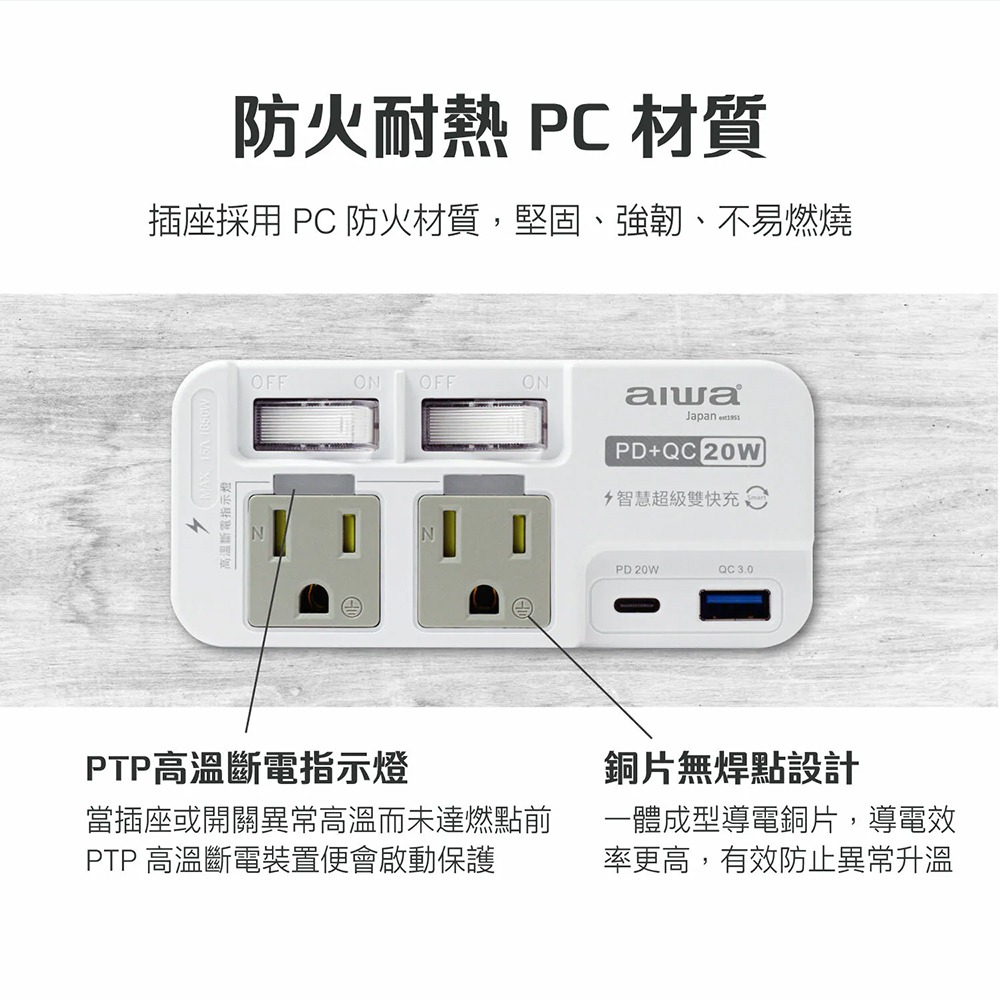AIWA愛華 ACE-350U 2開2插PD+QC 20W快充插座 高溫斷電 防雷突波-細節圖2