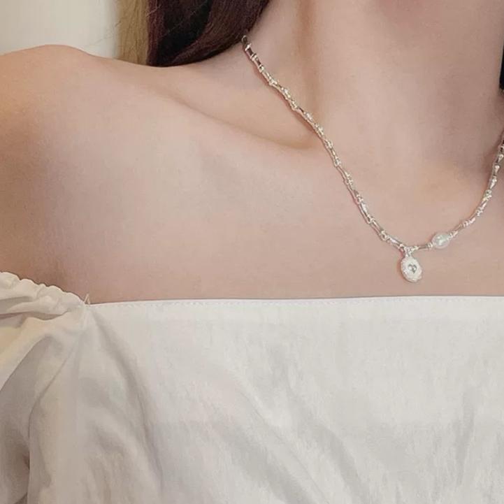 現貨 純銀項鍊 珍珠項鍊 項鍊 銀項鍊 純銀 飾品 925 項鍊女 銀飾 鎖骨鏈 銀鏈 禮物 生日禮物 浮誇項鍊 銀-細節圖4