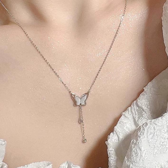 蝴蝶 流蘇 純銀項鍊 水晶 項鍊 銀項鍊 純銀 飾品 925 項鍊女 鎖骨鏈 銀鏈 禮物 生日禮物 情侶禮物 鑽 莫桑鑽-細節圖3