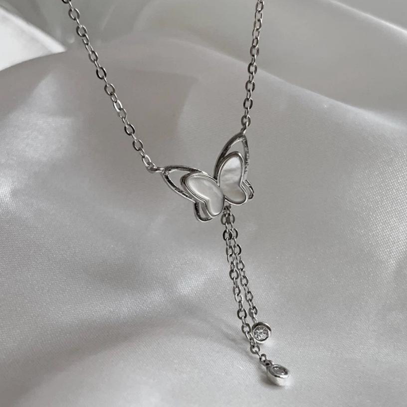 蝴蝶 流蘇 純銀項鍊 水晶 項鍊 銀項鍊 純銀 飾品 925 項鍊女 鎖骨鏈 銀鏈 禮物 生日禮物 情侶禮物 鑽 莫桑鑽-細節圖5