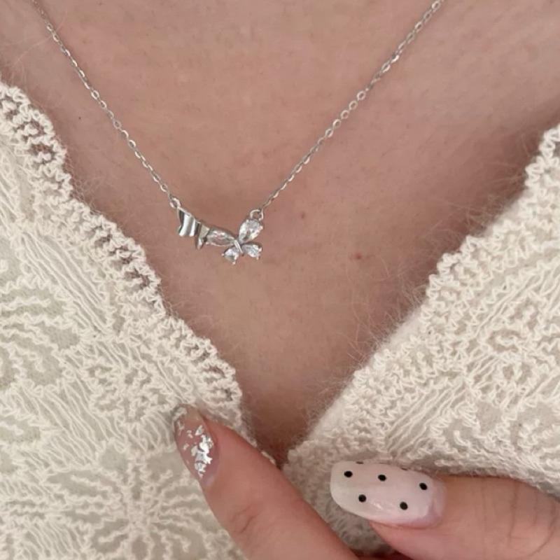 蝴蝶 鋯石 純銀項鍊 項鍊 銀項鍊 純銀 飾品 925 項鍊女 銀飾 鎖骨鏈 銀鏈 禮物 生日禮物 情侶禮物 鑽 莫桑鑽-細節圖3
