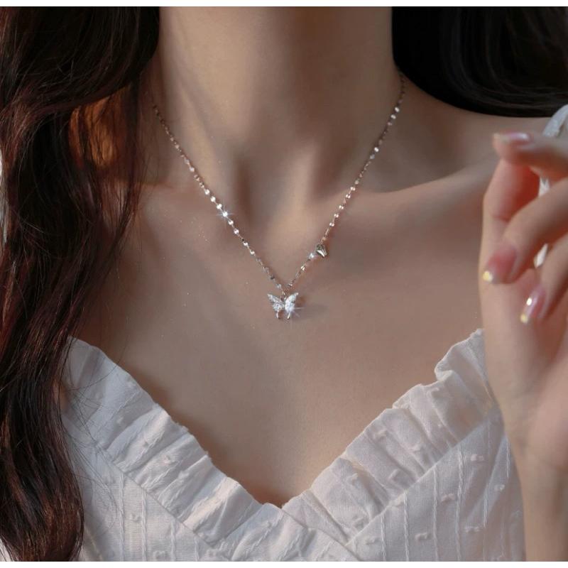 蝴蝶 鋯石 純銀項鍊 項鍊 銀項鍊 純銀 飾品 925 項鍊女 銀飾 鎖骨鏈 銀鏈 禮物 生日禮物 情侶禮物 鑽 莫桑鑽-細節圖2