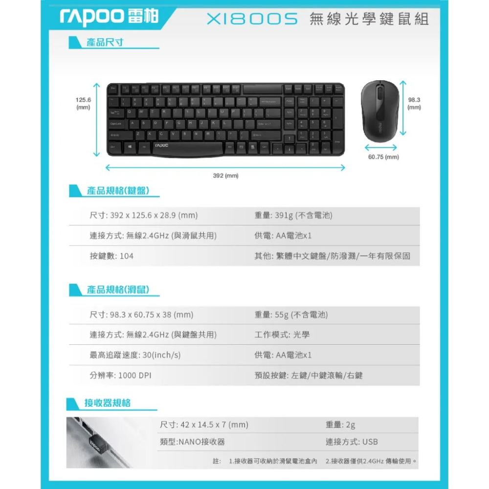 全新公司貨 Rapoo 雷柏 X1800S 極簡風2.4G無線鍵鼠組 無線鍵盤 無線滑鼠 鍵鼠組 鼠鍵組-細節圖2