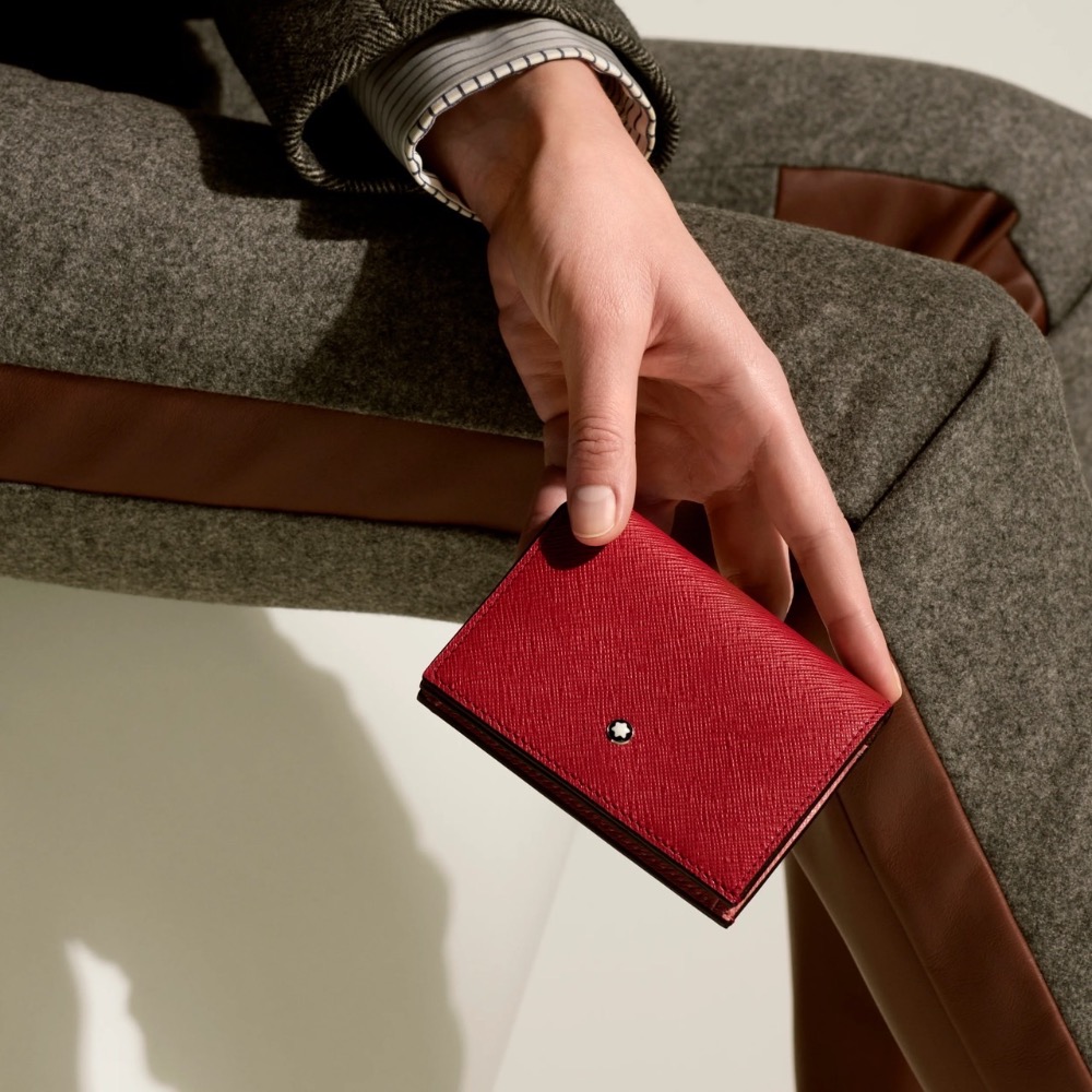 唯美絕版🌸MONTBLANC(萬寶龍)義大利製~頂級精品！金幣包！唯美高階匠心~防刮牛皮玫瑰珊瑚胭脂色~中短夾皮夾錢包-細節圖2