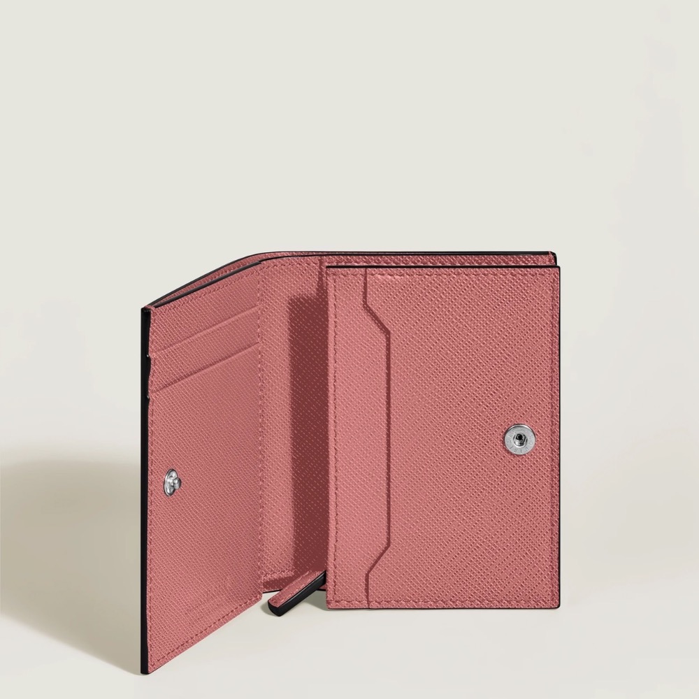 唯美絕版🌸MONTBLANC(萬寶龍)義大利製~頂級精品！金幣包！唯美高階匠心~防刮牛皮玫瑰珊瑚胭脂色~中短夾皮夾錢包-細節圖4