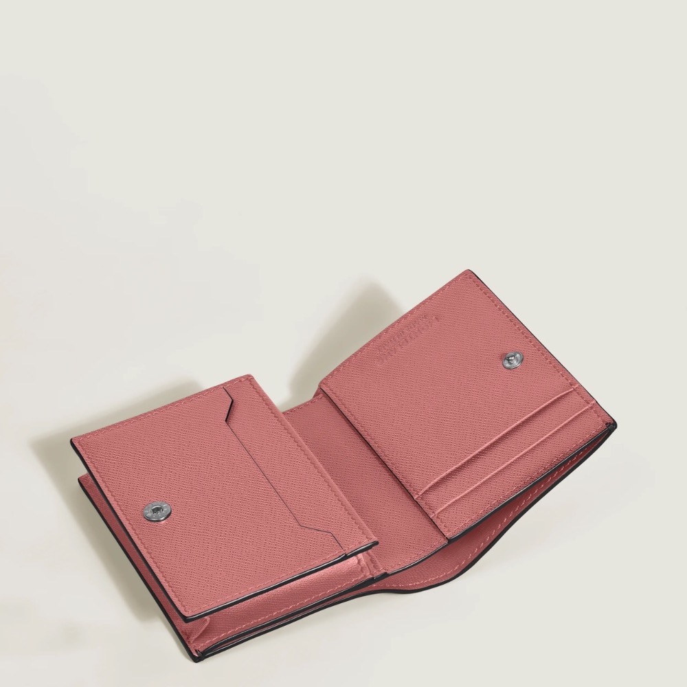 唯美絕版🌸MONTBLANC(萬寶龍)義大利製~頂級精品！金幣包！唯美高階匠心~防刮牛皮玫瑰珊瑚胭脂色~中短夾皮夾錢包-細節圖5