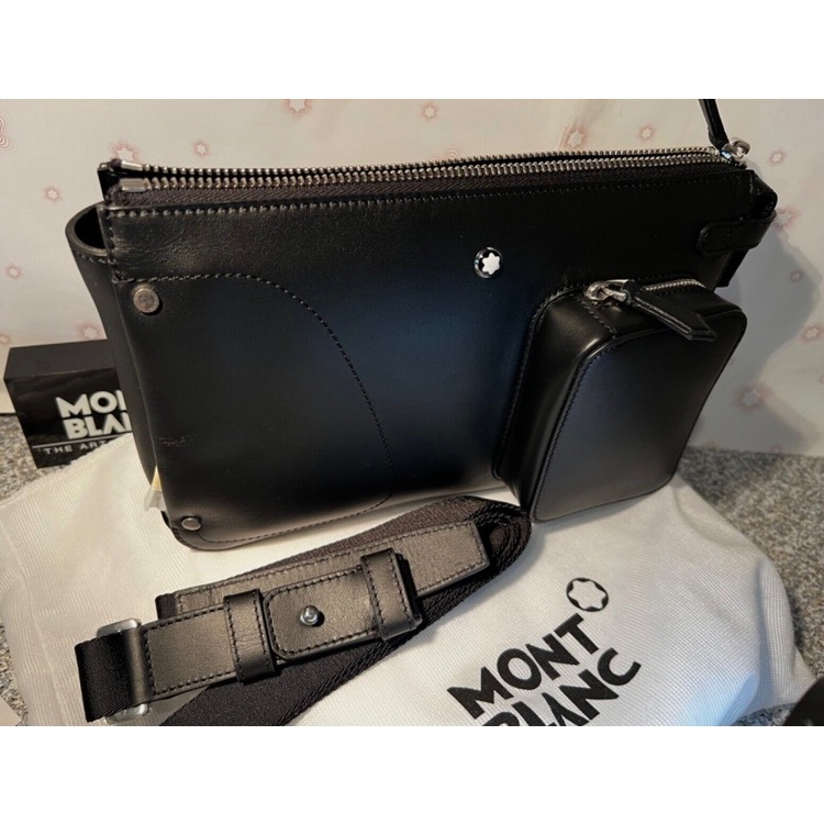 唯美絕版🌸MONTBLANC(萬寶龍)義大利製~頂級精品！唯美高階匠藝~星芒萬丈！小牛皮墨子~黑色！腰包、側背包、斜背包-細節圖11