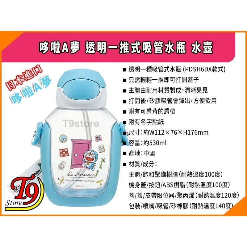 【T9store】日本進口 哆啦A夢 透明一推式吸管水瓶 水壺 (530ml)-細節圖4