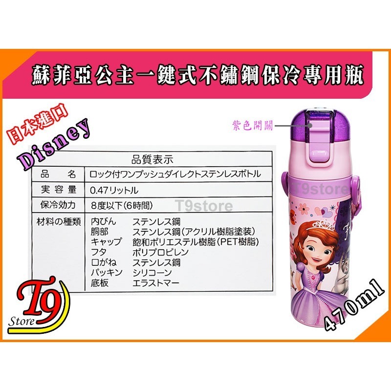 【T9store】日本進口 Sophia (蘇菲亞公主紫) 一觸式不鏽鋼保冷專用瓶 (470ml)-細節圖6