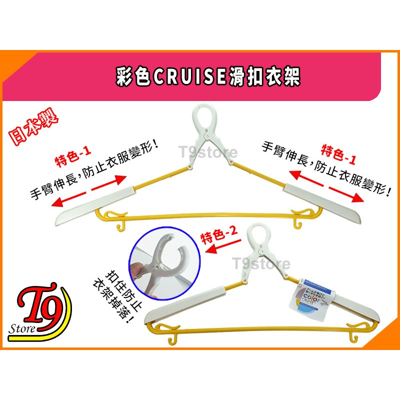 【T9store】日本製 彩色CRUISE滑扣衣架 (手臂伸長防止變形)-細節圖3