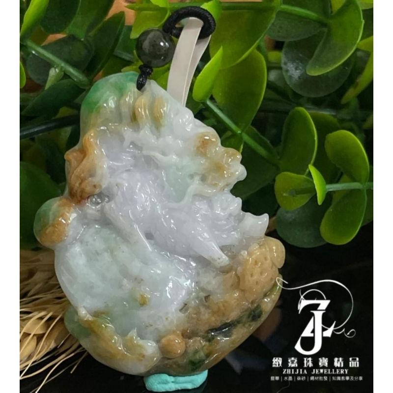 翡翠 帶證 緬甸 三彩 麒麟 玉牌 細糯 黃 飄花 日光 實拍 翠綠 紫翡 紫羅蘭 春彩 保A 直播 項鍊 實拍 現貨-細節圖2