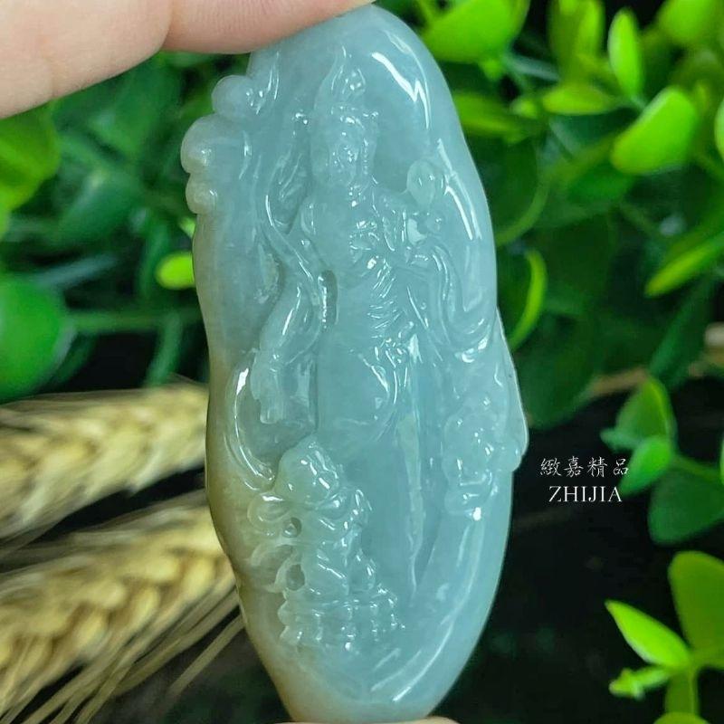 翡翠 帶證 緬甸玉 藍綠帶黃 站姿觀音 送子觀音 童子拜觀音 玉牌 玉墜 吊墜 牌子 項鍊 玉件 玉鐲 保A 直播 贈盒-細節圖2