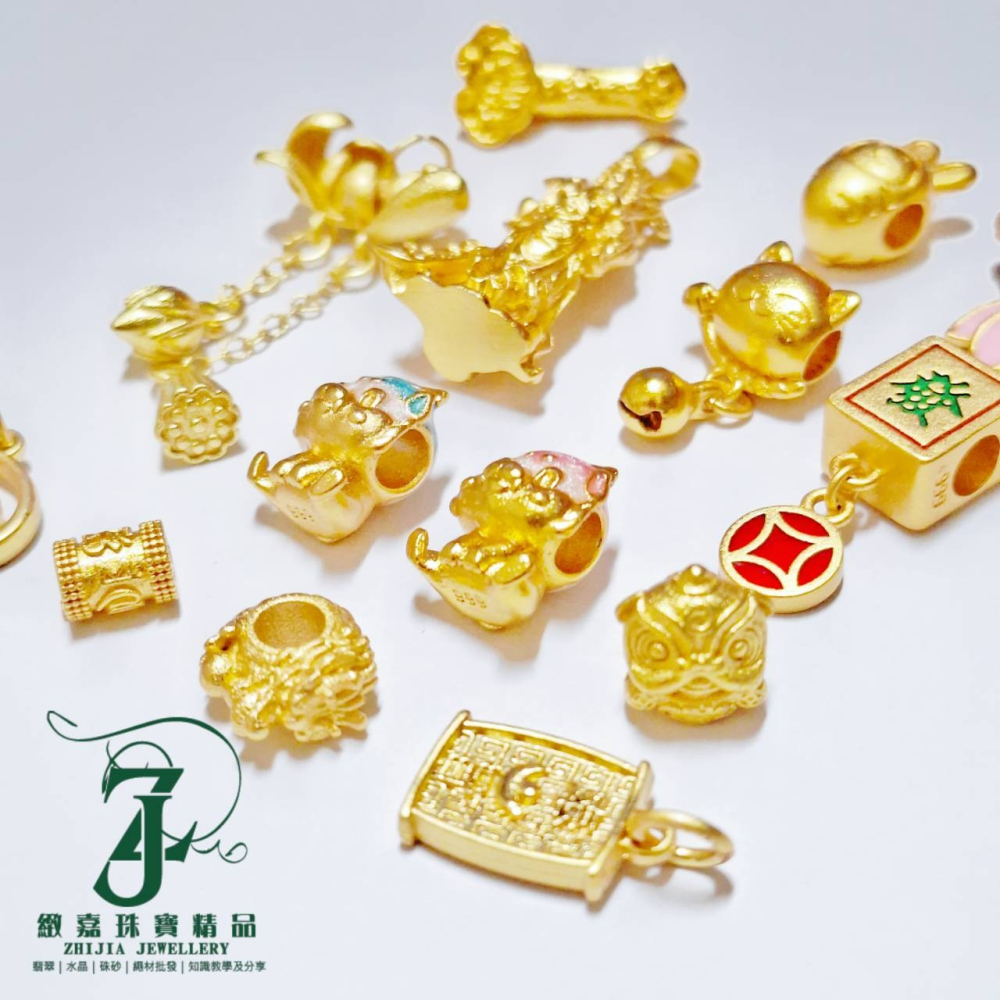 現貨 沙金古法金工小配件 DIY 素材 兔子 四葉草 金幣 龍 六字箴言 醒獅 蓮花 魚 關公 手串配件-細節圖2