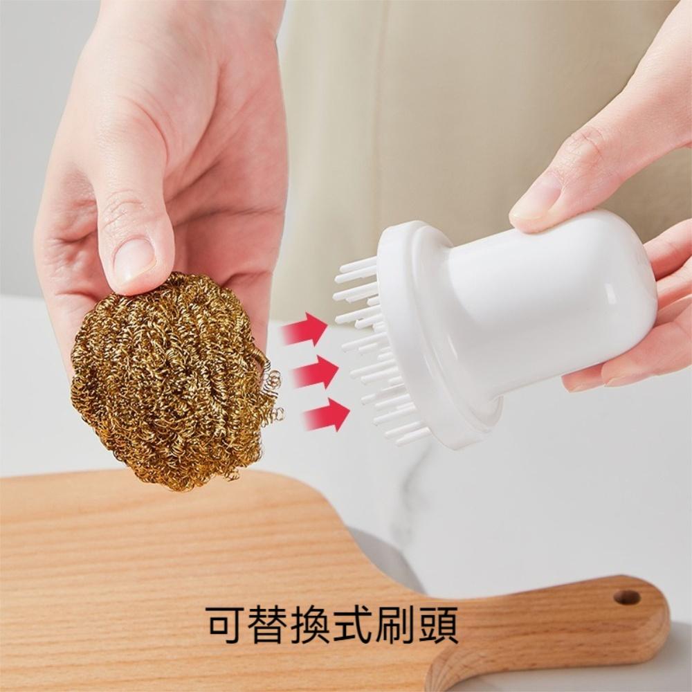 『熊愛貝百貨』廚房不鏽鋼附手柄強力清潔去污刷分離式可替換頭鋼絲球-細節圖2
