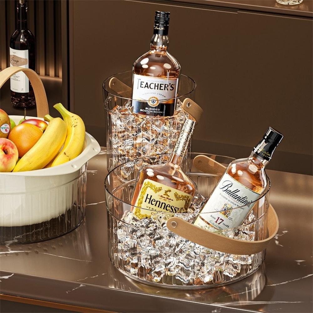 『熊愛貝百貨』透明PET材質酒類飲品冰鎮桶水果提籃高顏值家用皮質手把冰桶-細節圖2