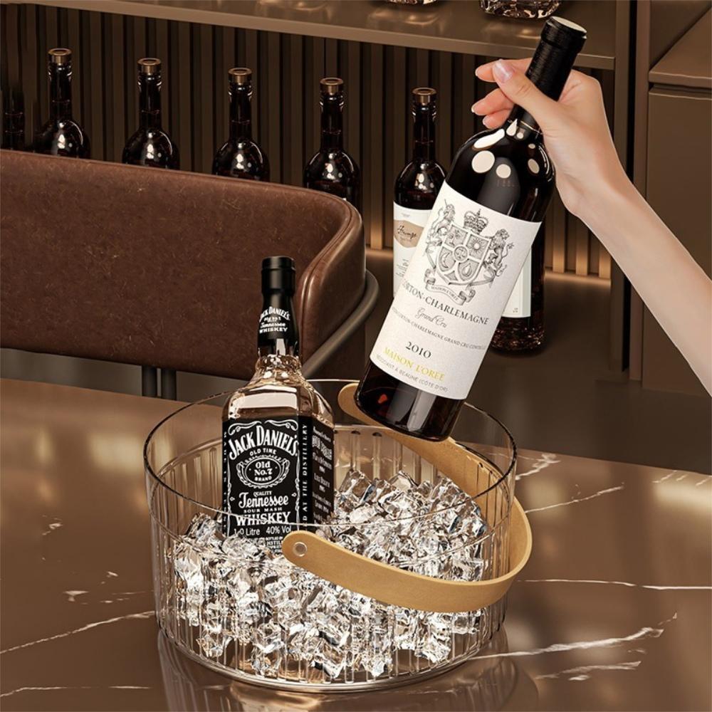 『熊愛貝百貨』透明PET材質酒類飲品冰鎮桶水果提籃高顏值家用皮質手把冰桶-細節圖3