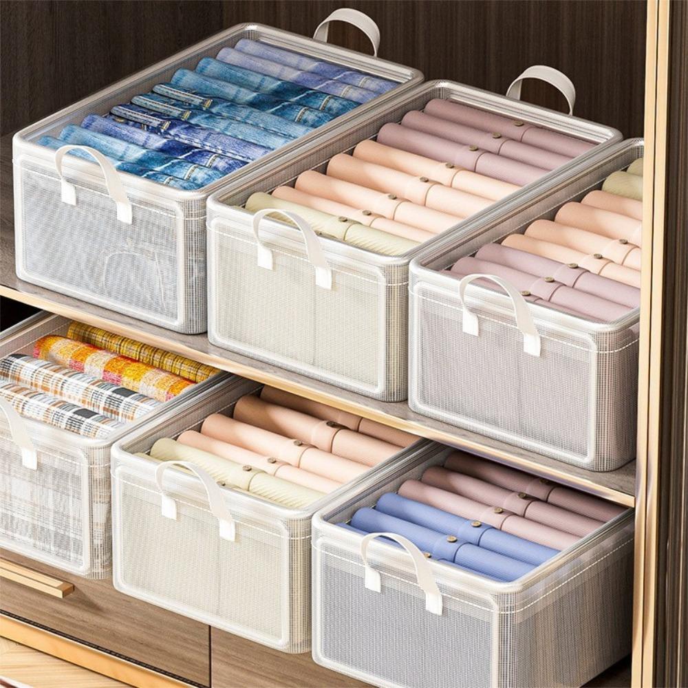 『熊愛貝百貨』上開口可堆疊整理箱透明分層儲物換季整理盒可折疊鋼骨衣物收納箱-細節圖4