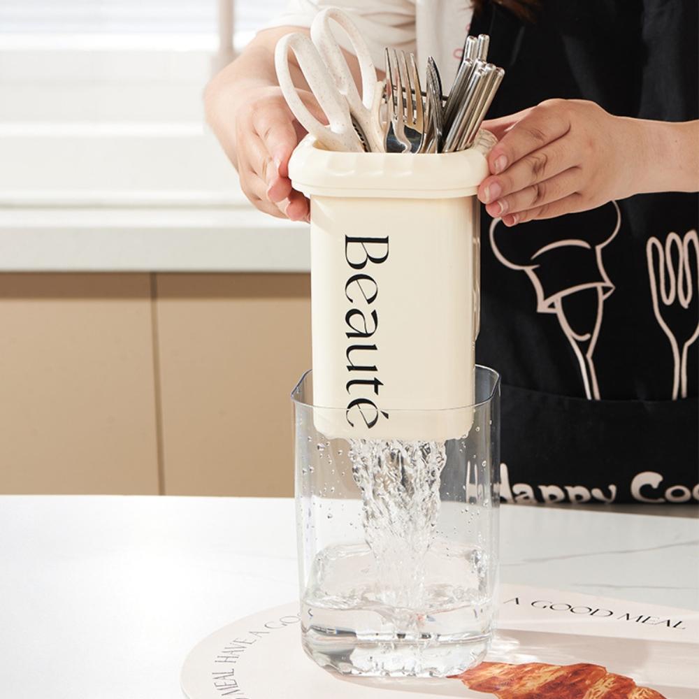 『熊愛貝百貨』雙層瀝水筷筒雙材質透明筷籠多功能餐具勺子刀叉收納盒-細節圖3