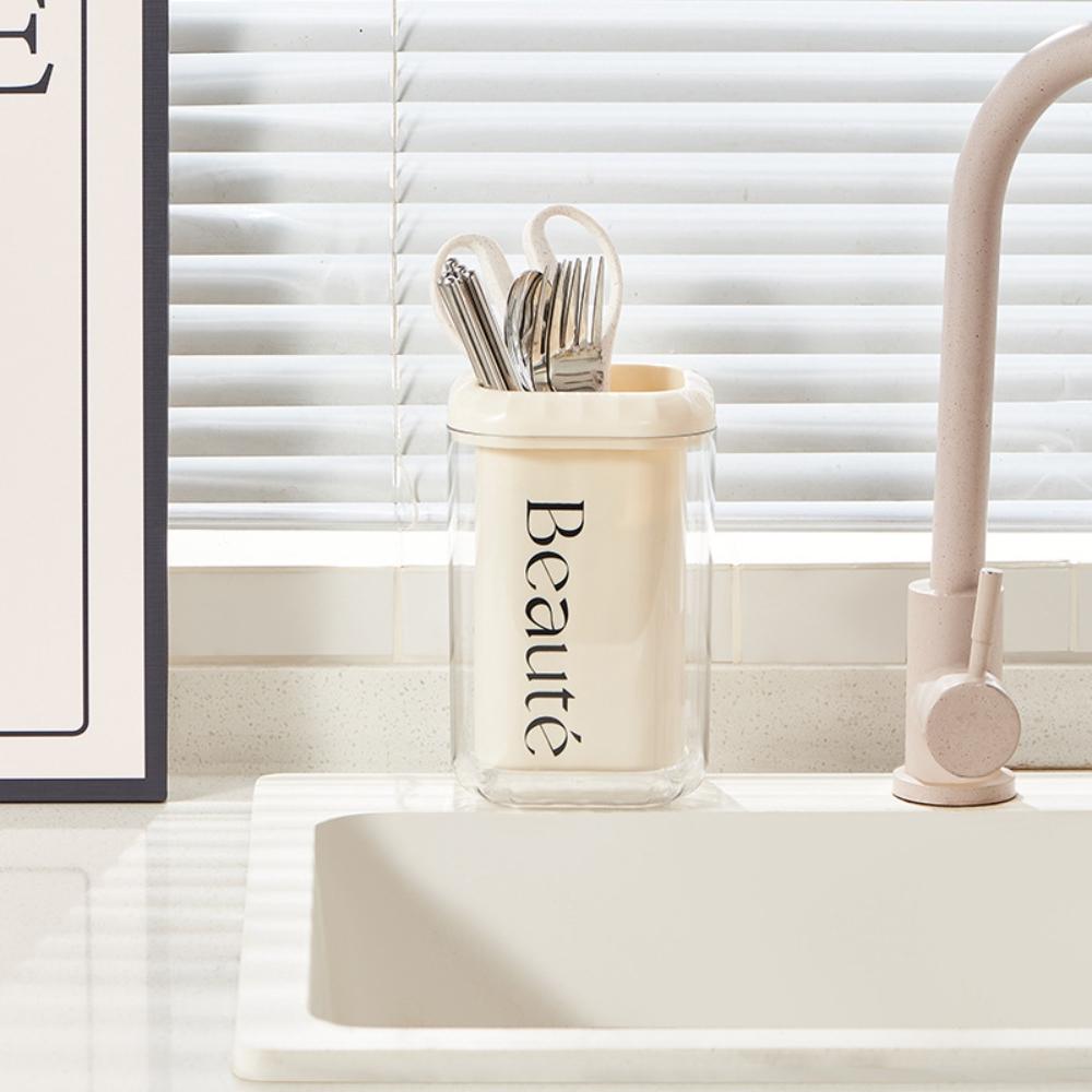 『熊愛貝百貨』雙層瀝水筷筒雙材質透明筷籠多功能餐具勺子刀叉收納盒-細節圖4