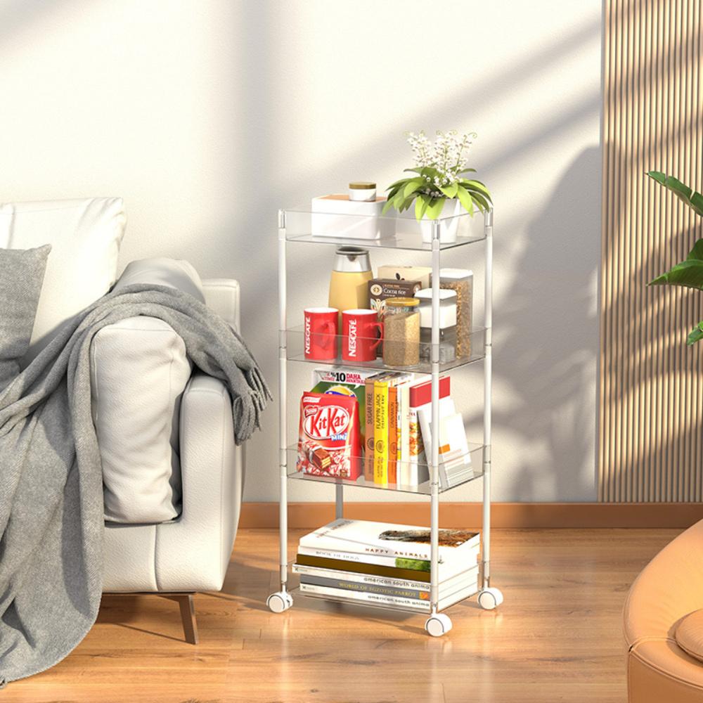 『熊愛貝百貨』透明款小推車壓克力化妝品零食收納盒廚房夾縫窄款落地移動置物架-細節圖2