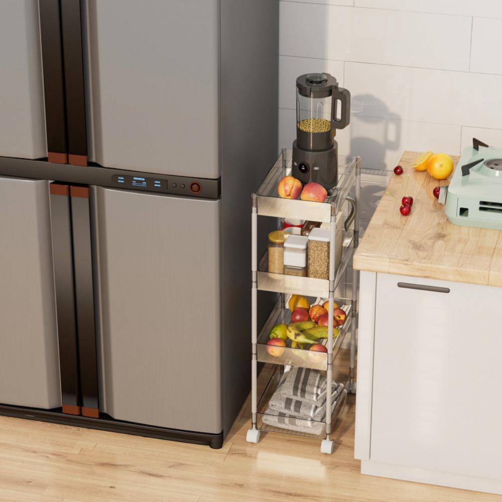 『熊愛貝百貨』透明款小推車壓克力化妝品零食收納盒廚房夾縫窄款落地移動置物架-細節圖3