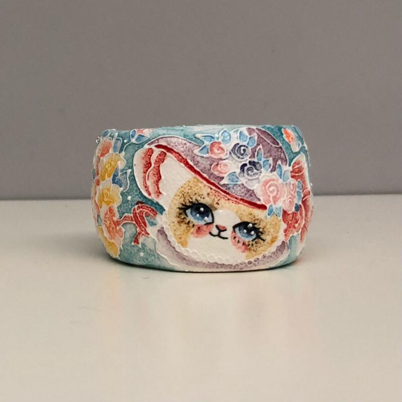 [屋哇🔥台灣現貨］釉燒 手繪 立體釉 櫻花 貓 貓咪 多肉花盆-細節圖3