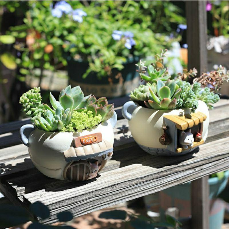 屋哇🎂現貨 創意花盆 多肉花盆 造型花盆 筆筒 花盆 造型筆筒 狐狸 咖啡館 貓咪 小酒館-細節圖3
