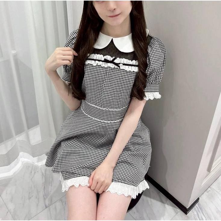 【pium】日單 蕾絲拼接 黑色格紋套裝  洋裝+短褲 地雷系 量產型 日系 亞文化 lolita 軟妹 少女-細節圖3