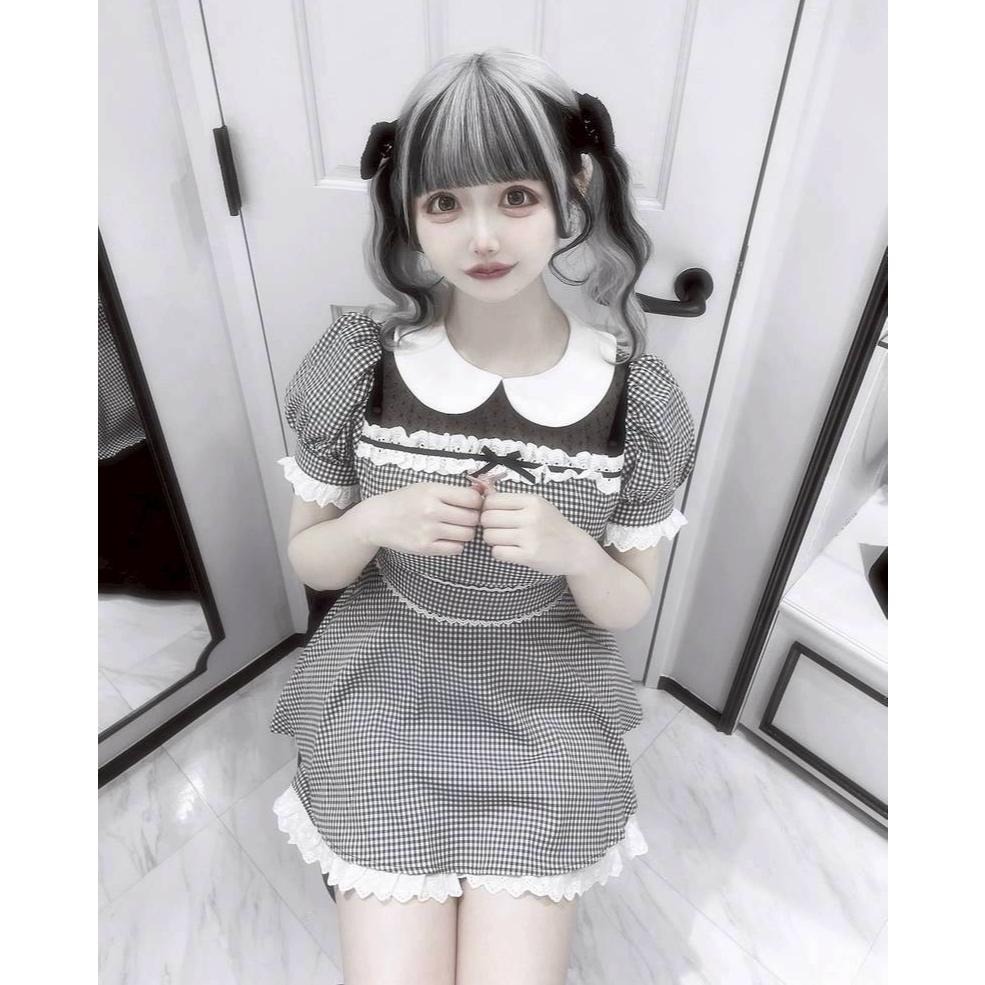 【pium】日單 蕾絲拼接 黑色格紋套裝  洋裝+短褲 地雷系 量產型 日系 亞文化 lolita 軟妹 少女-細節圖4